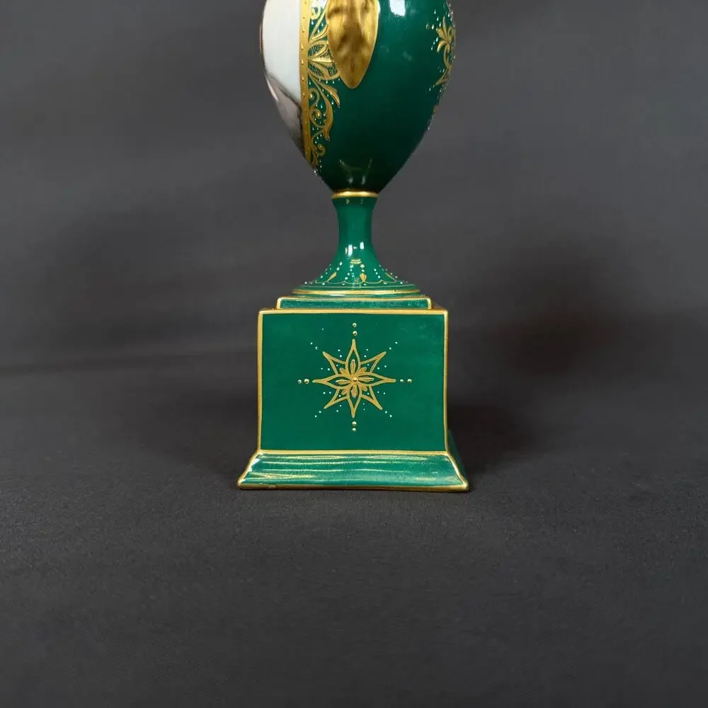 Antique Royal Vienna Portrait Urn Vase Hand Painted Lady Green/Gold signed RUTH